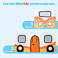 Max & Lily kids camper curtain set showing an orange-and-white camper-van front panel with door and windows and a matching side panel with windshield and "Happy Camper" badge — children's playroom camper curtain panels