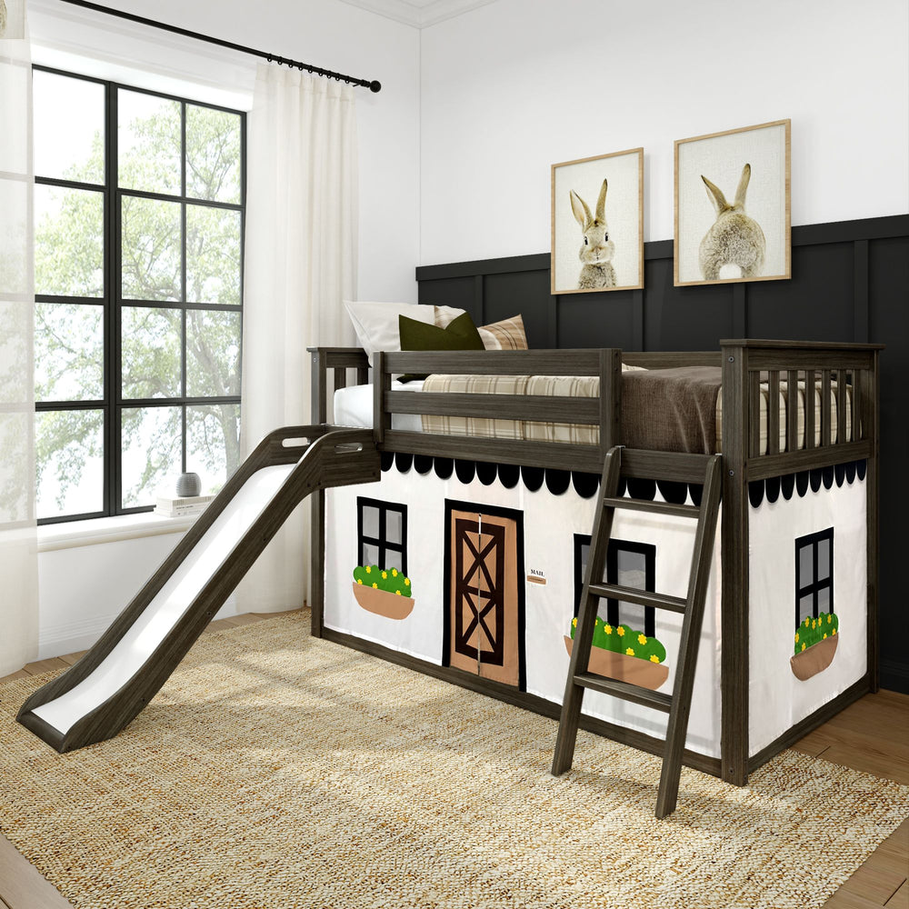Children's loft bed with slide, ladder, and playhouse design in modern bedroom setting.