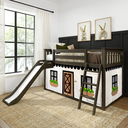 Kids loft bed with slide and ladder, gray wooden children's bed with playhouse curtain, plaid bedding and bunny wall art