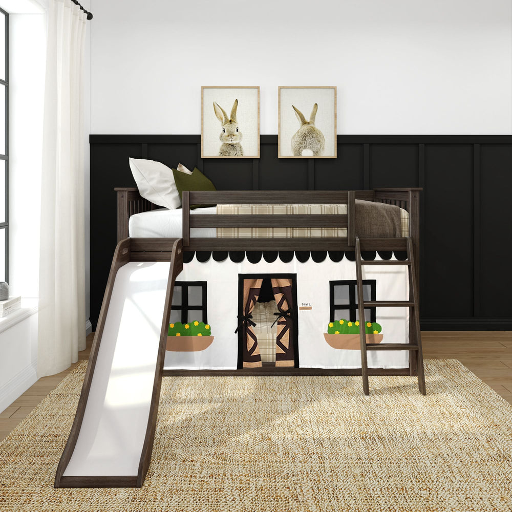 Loft bed with slide and playhouse design for children's room, featuring cozy bedding, wooden frame, and playful wall art decor.