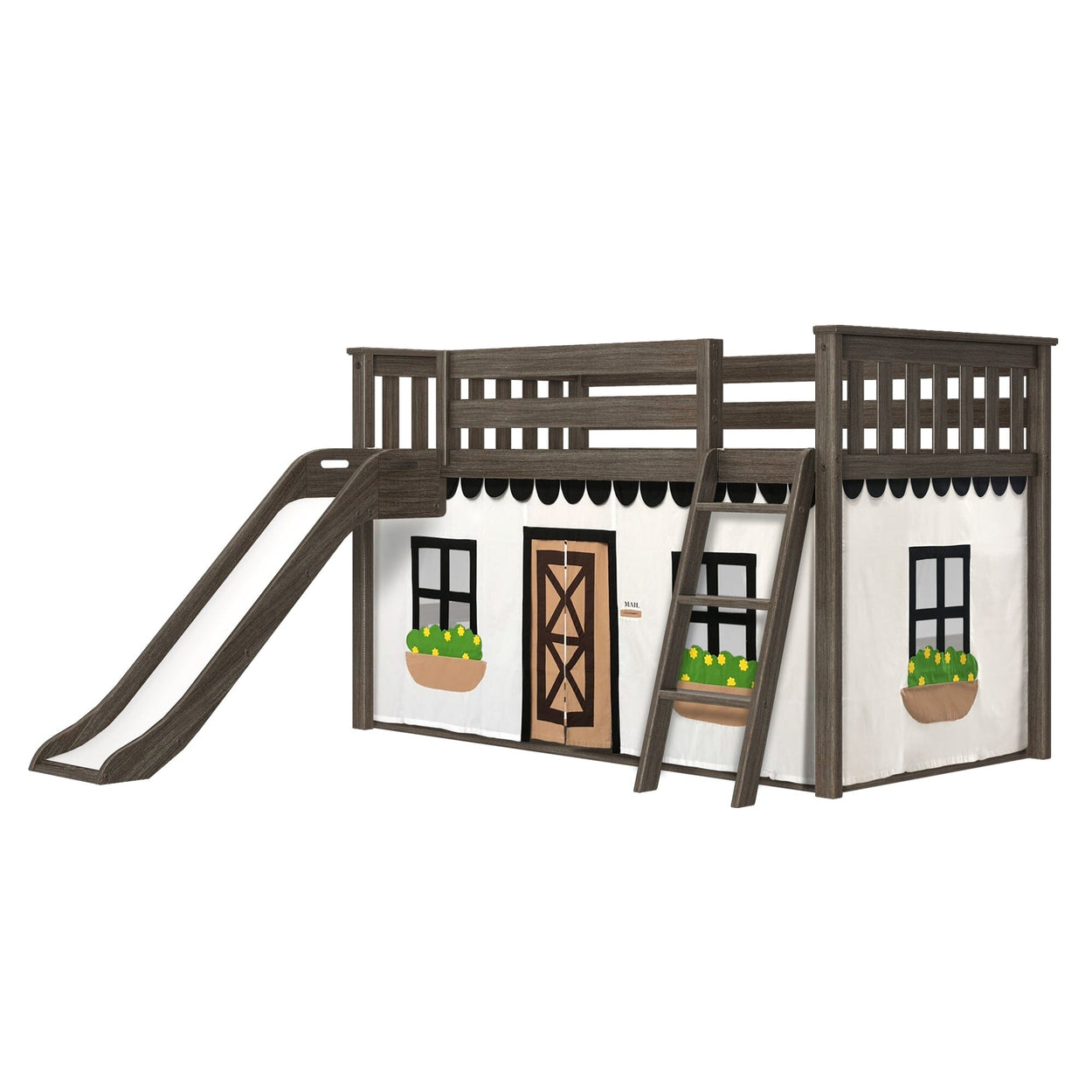180417151069 : Bunk Beds Low Bunk with Easy Slide and Black and White Farmhouse Curtain, Clay