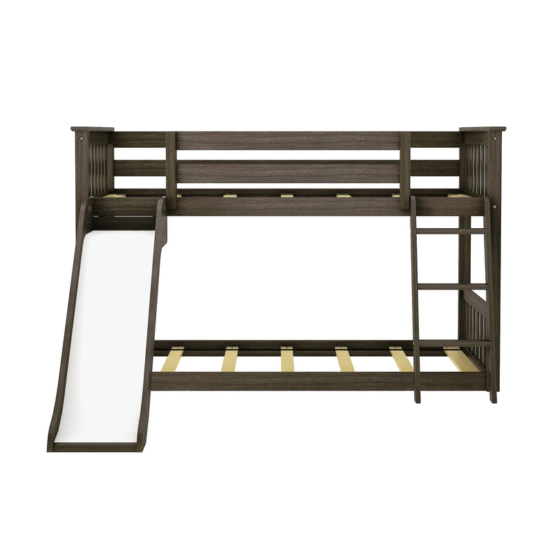 Wooden bunk bed with slide and ladder for kids' bedroom furniture.