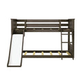 Dark brown twin-over-twin wooden bunk bed with slide and ladder, space-saving kids bedroom furniture