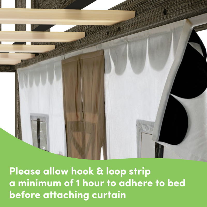 Wooden bed frame with hook and loop strip for attaching curtains, installation instructions included.