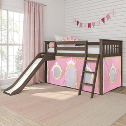 Kids loft bed with slide and pink castle-themed curtain in a bright, playful bedroom.