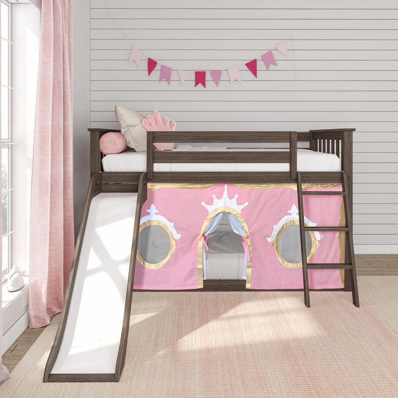Princess-themed children's loft bed with slide and pink castle curtains in a cozy bedroom.