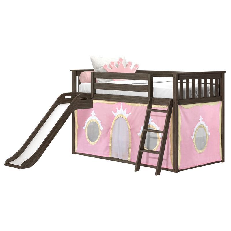Children's loft bed with slide and pink princess-themed play tent.