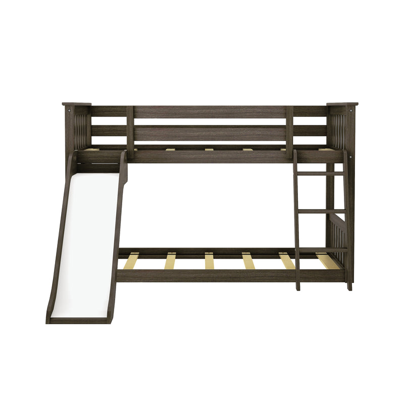 Wooden bunk bed with slide and ladder for kids' bedroom.