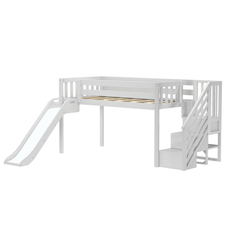 White wooden kids loft bed with slide and built-in storage stairs, space-saving modern children's play and sleep loft