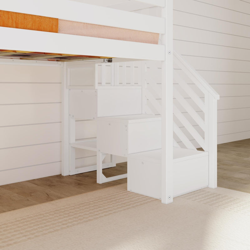 White loft bed with staircase and storage in a bright, modern bedroom setting.