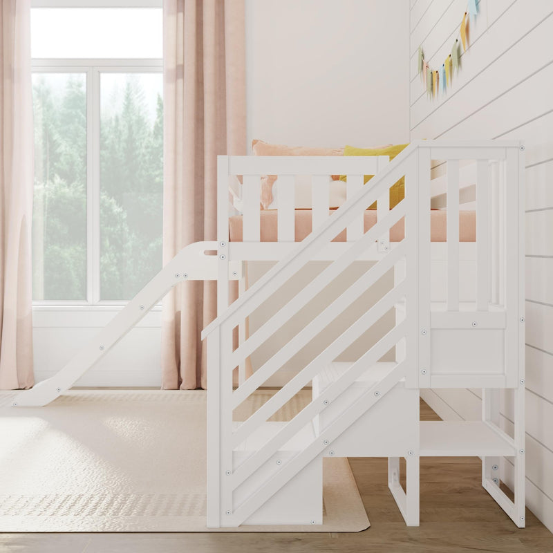 White kids' loft bed with slide in a bright bedroom with pink curtains and shiplap wall.
