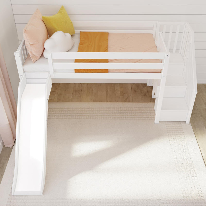 Children's white loft bed with slide and safety railing, featuring a yellow pillow and cloud-shaped cushion on a beige mattress in a cozy bedroom.