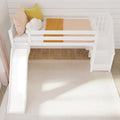 White loft bed with slide and stairs in modern kids bedroom with pink bedding and decorative cloud and yellow pillows