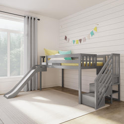 180425-121 : Loft Beds Twin Low Loft With Stairs & Easy Slide, Grey