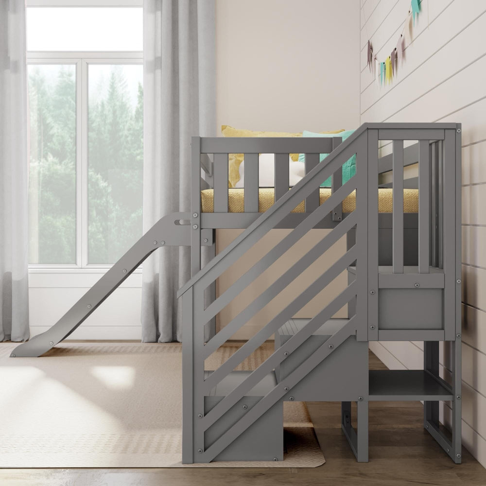 180425-121 : Loft Beds Twin Low Loft With Stairs & Easy Slide, Grey