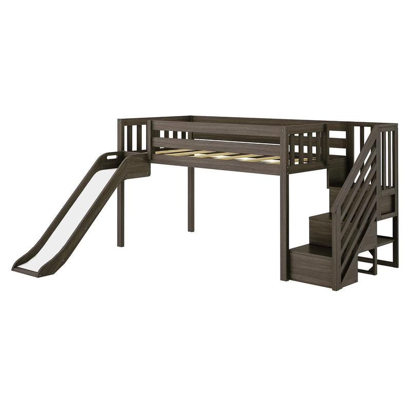 Children's loft bed with slide and stairs in dark wood finish.