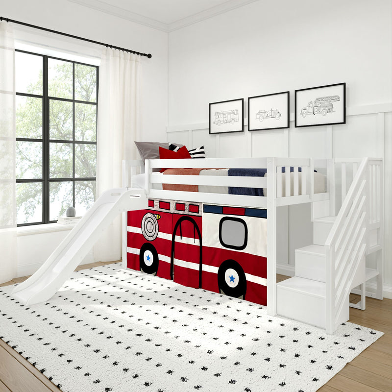 Children's white loft bed with slide and fire truck-themed decor, featuring stairs and a playful design in a bright bedroom.
