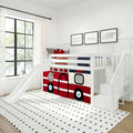 White wooden loft bed with slide and stairs in a modern children's bedroom, red fire truck playhouse curtain, black-and-white patterned rug and framed vehicle prints