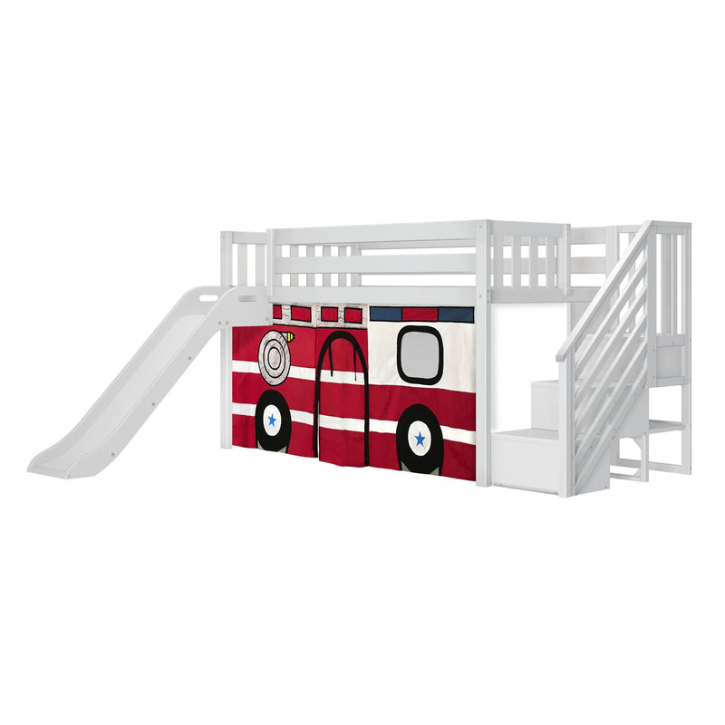 Children's loft bed with slide and firetruck-themed fabric curtain for a playful bedroom setup.