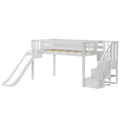 180425002043 : Loft Beds Low Loft with Stairs, Easy Slide and Firetruck Curtain, White