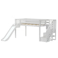 White kids loft bed with slide and built-in storage staircase, safety guardrails and open under-bed play area ideal for toddlers and children