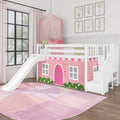 White kids loft bed with pink playhouse curtain, built-in slide and storage stairs, canopy and pink-green bedding in girl's bedroom