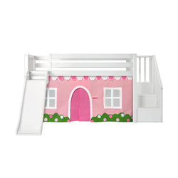 180425002064 : Loft Beds Low Loft with Stairs, Easy Slide and Light Pink and White Farmhouse Curtain, White