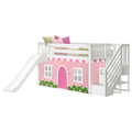 White wooden loft bed with slide and pink playhouse tent skirt, staircase and green/pink accent pillows for kids