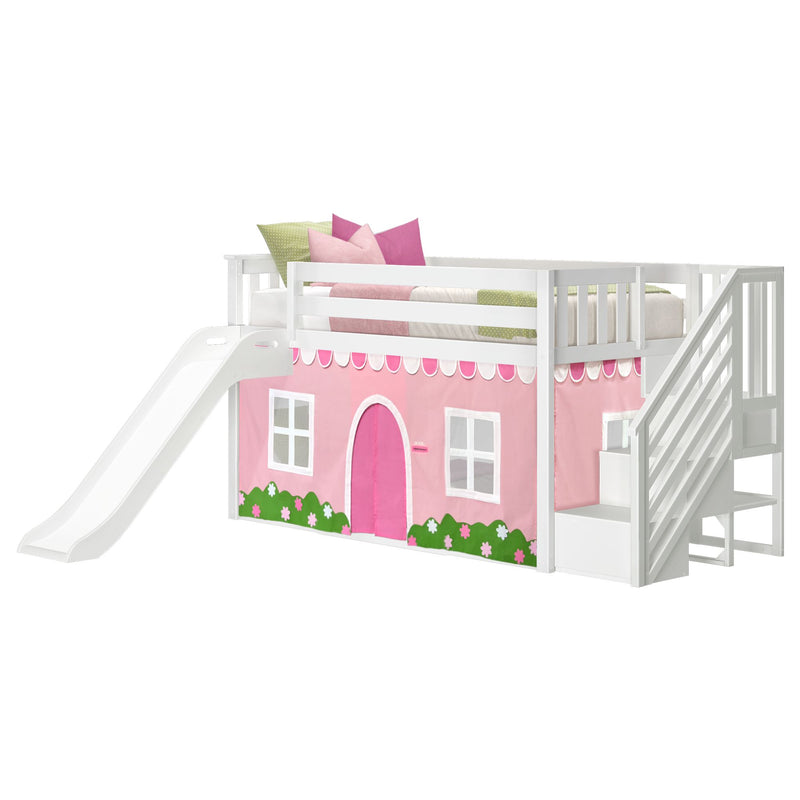 White wooden loft bed with slide and pink playhouse tent skirt, staircase and green/pink accent pillows for kids