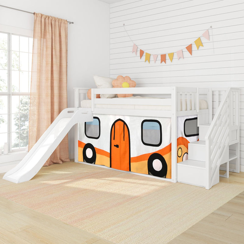 White kids loft bed with slide and staircase storage, camper-themed play tent curtain and flower pillow in a bright modern nursery