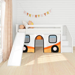 Kids' loft bed with slide and colorful bus tent in a bright, cozy bedroom.