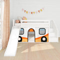 White wooden loft bunk bed with slide and orange camper playhouse curtain, pastel bunting and flower pillows in bright kids' bedroom