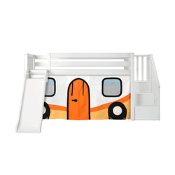 180425002067 : Loft Beds Low Loft with Stairs, Easy Slide and Orange Camper Van Curtain, White