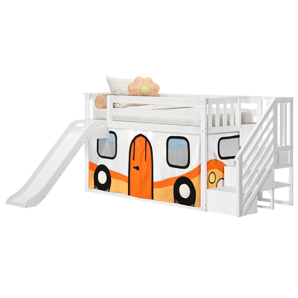Children's loft bed with slide, white frame, and bus-themed curtains for a fun bedroom setup.