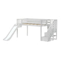 White wooden kids loft bed with slide and built-in storage stairs for children's bedroom