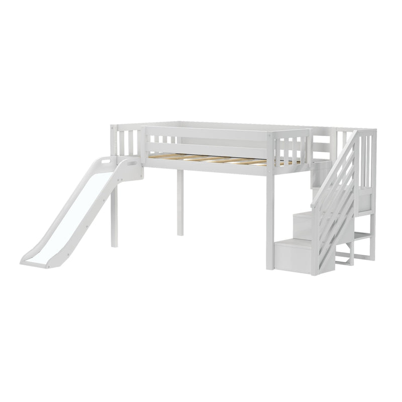 White wooden kids loft bed with slide and built-in storage stairs for children's bedroom