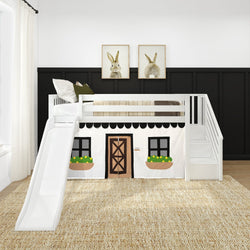 180425002069 : Loft Beds Low Loft with Stairs, Easy Slide and Black and White Farmhouse Curtain, White