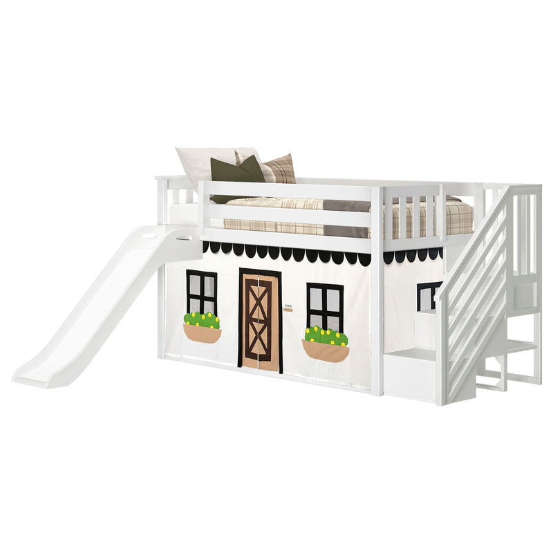 Children's loft bed with slide and playhouse design, white wooden frame and stairs, ideal for kids' rooms.