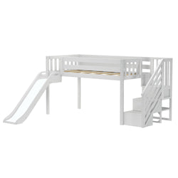 180425002069 : Loft Beds Low Loft with Stairs, Easy Slide and Black and White Farmhouse Curtain, White