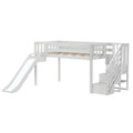 White wooden kids loft bed with slide and built-in storage stairs — space-saving modern design for children's bedroom