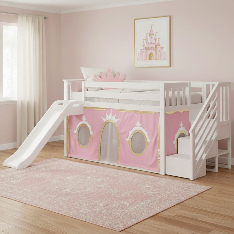 White wooden loft bed with slide and pink princess castle play curtain, crown pillow, framed castle art and pink rug in girl's bedroom