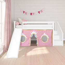 180425002083 : Loft Beds Low Loft With Stairs, Easy Slide & Light Pink & Gold Princess Curtain, White