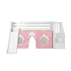 180425002083 : Loft Beds Low Loft with Stairs, Easy Slide and Light Pink and Gold Princess Curtain, White