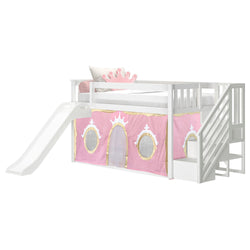 White loft bed with stairs and slide, featuring a pink princess castle tent design for kids' bedroom.