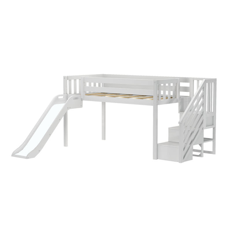 White kids' loft bed with slide and stairs, perfect for playful and space-saving bedroom furniture.