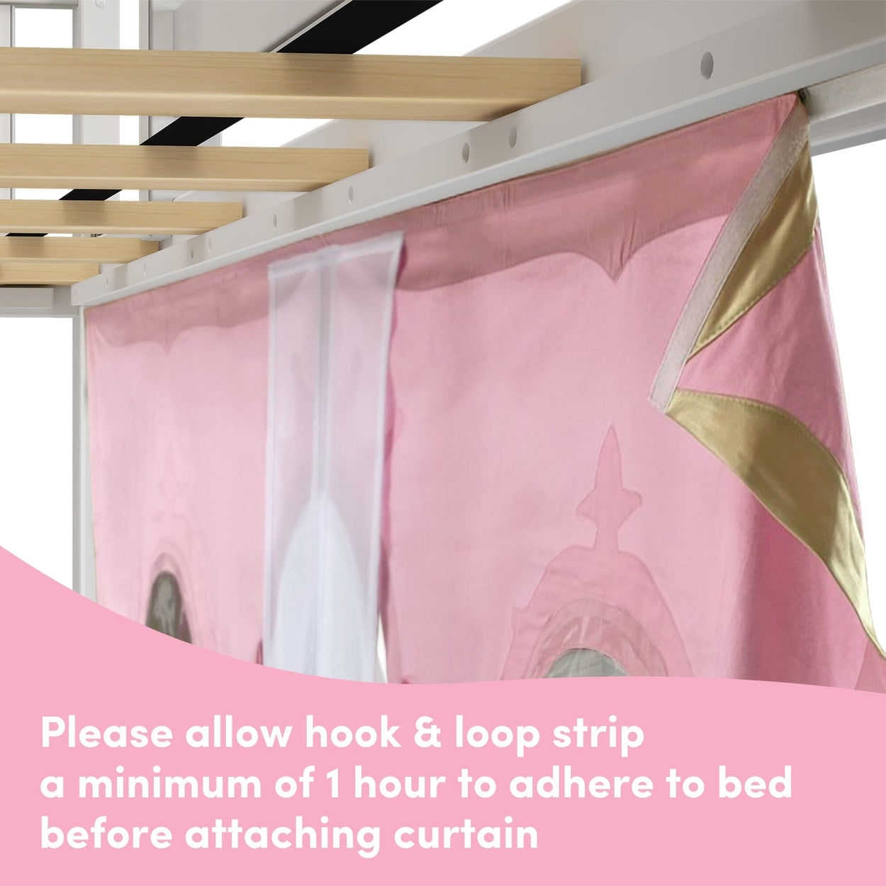 180425002083 : Loft Beds Low Loft with Stairs, Easy Slide and Light Pink and Gold Princess Curtain, White