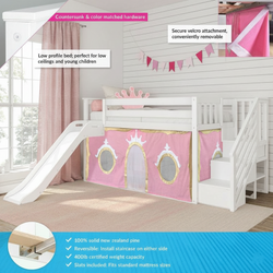 White wooden kids loft bed with slide and staircase, pink princess play tent curtain underneath in bright children's bedroom