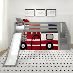 180425121043 : Loft Beds Low Loft with Stairs, Easy Slide and Firetruck Curtain, Grey