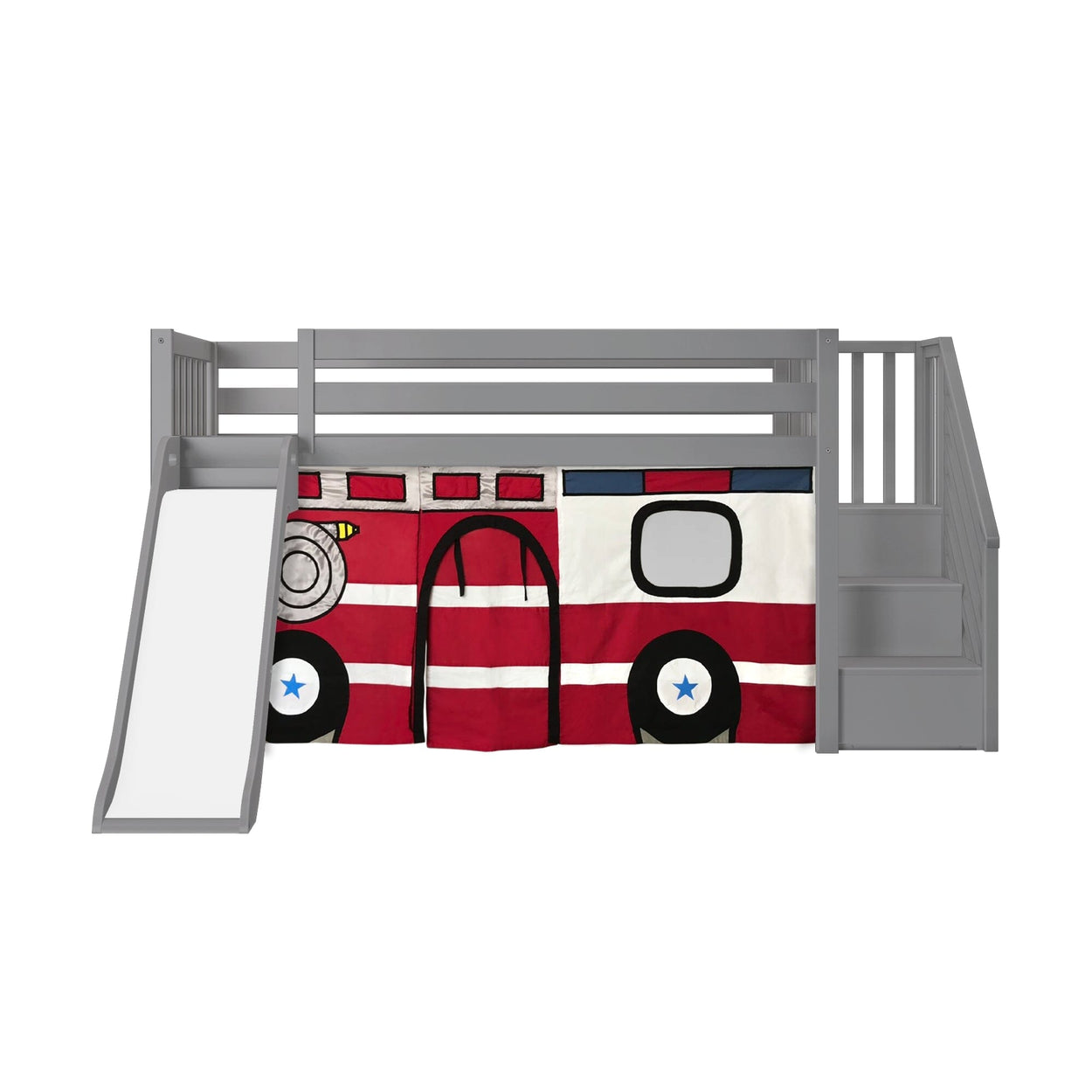 180425121043 : Loft Beds Low Loft with Stairs, Easy Slide and Firetruck Curtain, Grey