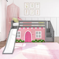 180425121064 : Loft Beds Low Loft with Stairs, Easy Slide and Light Pink and White Farmhouse Curtain, Grey